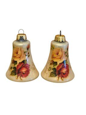 Vintage West Germany Glass Bell Christmas Ornaments With Floral Design Glitter S
